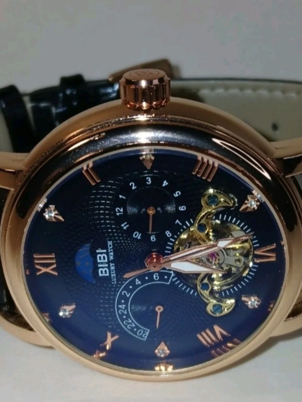 ​BiBi Luxury Automatic Mens Watch Rose Gold Skeleton Open Heart Black Leather...